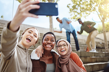 Image showing Diversity, happy women or phone selfie on college campus steps, university bleachers of school stairs for social media. Smile, bonding students or mobile photography technology for 5g profile picture
