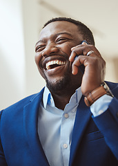 Image showing Phone call, communication and laughing with a business black man talking while working in corporate. Mobile, networking or management with a male CEO feeling happy while chatting on his smartphone