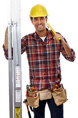 Image showing Handyman, portrait and maintenance worker with man, construction and employee with ladder and helmet for safety. Construction worker, tools and happy man with contractor against white background