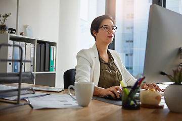 Image showing Reception, computer and business woman in office typing online documents, website research and writing email. Corporate, networking and busy female employee at desk with focus, planning and ideas