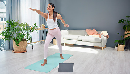 Image showing Fitness, yoga or pregnant woman in online class stretching body for balance exercise or workout at home. Pregnancy, laptop or focused healthy person with a happy smile in maternity training at home