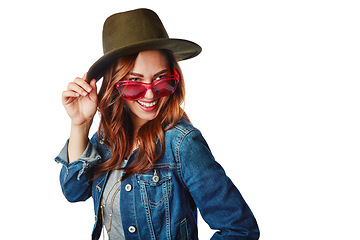 Image showing Happy woman, fashion and sunglasses with hat or denim jacket on isolated white background or marketing mockup. Smile, gen z and model with funny, comic or ideas face expression for cool brand clothes