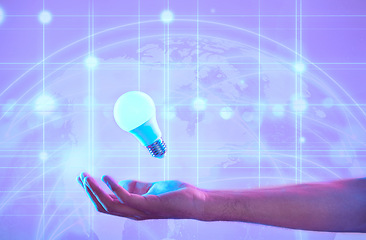 Image showing Lightbulb, hand and idea of future, global networking or ai technology on digital purple background. Energy, electricity and person with creative, neon and futuristic connection, cyber world or globe