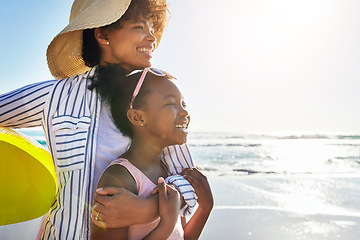 Image showing Mother hug girl kid on beach, happy outdoor and ocean waves, lens flare and fun together in nature. Love, smile and black family on summer vacation, adventure with woman and child, sea view mockup