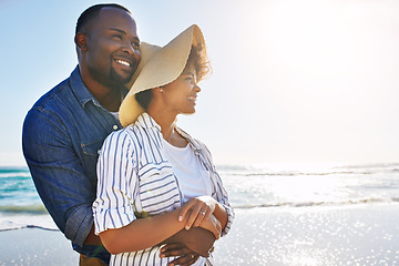 Image showing Beach, relax vacation and black couple hug, travel and enjoy outdoor quality time together. Ocean sea water, blue sky mock up or freedom peace for happy bonding people on Jamaica holiday mockup