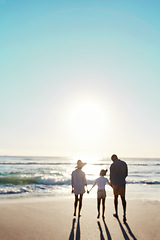 Image showing Family, beach and sunset walk during summer on vacation or holiday relaxing at a peaceful scenery at the ocean. Mockup, blurred and parents with daughter, child or kid with childhood freedom at sea