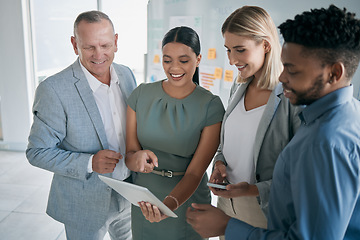 Image showing Tablet, team work or business people in a meeting planning a SEO digital marketing, advertising or branding strategy. Data analysis, collaboration or employees working, talking or reading analytics