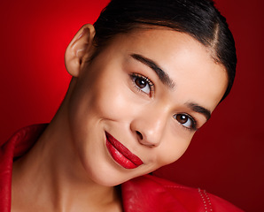 Image showing Lipstick, portrait or woman with makeup for beauty or glowing skin with luxury cosmetics or products. Studio background, face or beautiful girl model marketing facial skincare for self care grooming