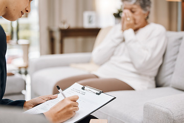 Image showing Psychologist, consulting or old woman crying in counseling with therapist writing notes in conversation. Stressed, checklist or psychology expert listening or helping sad senior person in therapy