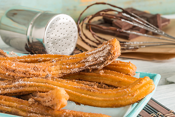 Image showing Traditional churros with hot chocolate 