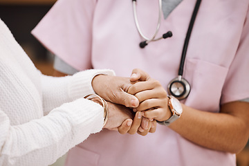 Image showing Support, empathy and nurse holding hands with patient for compassion, trust and comfort from medical results. Insurance, healthcare and female doctor with senior woman for sympathy in consultation