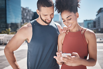 Image showing Exercise, wellness and black couple with phone in city for running, marathon training and workout. Fitness, sports and man and woman on smartphone for social media, internet and health progress app