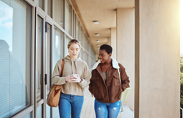 Image showing Friends, women and smartphone for social media, talking and connection to share pictures, walking and relax together. Female students, girls and cellphone for communication, scroll online and typing