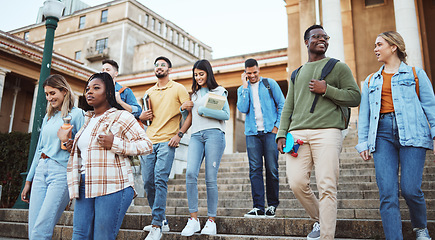 Image showing Students, diversity or walking on university steps, college campus or school stairs in morning class commute. Talking men, bonding women or education friends with learning goals in global scholarship