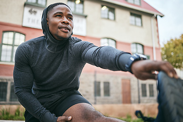 Image showing Exercise, black man and stretching legs, outdoor and workout for fitness, wellness and health. African American male, athlete and stretch leg for training, cardio performance and balance for energy