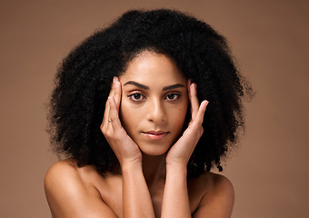 Image showing Beauty skincare, face portrait and black woman in studio isolated on a brown background. Cosmetics, makeup and young female model with glowing, healthy and flawless skin after spa facial treatment.