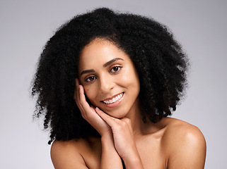 Image showing Beauty, skincare and product with portrait of black woman for facial, self care and luxury cosmetics. Spa, hair care and makeup with face of girl model for treatment, natural and wellness in studio