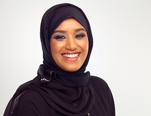 Image showing Portrait, islamic and beauty with a woman in studio on a gray background for holy religion or belief in god. Face, skincare and makeup with a muslim female model wearing a traditional hijab