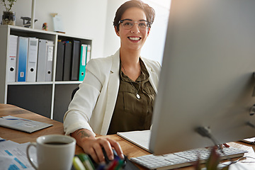 Image showing Portrait, corporate and woman with smile, typing and content marketing in office, online planning and schedule. Female employee, administrator and management with digital schedule, happy and computer