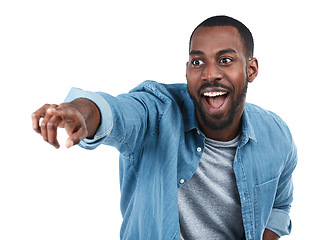 Image showing Black man, pointing and studio portrait with excited smile, motivation or vision by white background. Isolated African model, man and hand sign for direction, career goal and future with edgy fashion