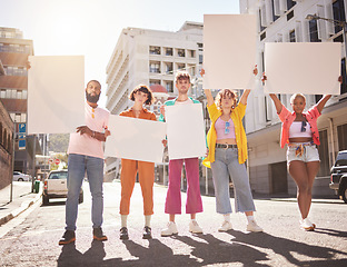 Image showing Diversity, mockup and young people protest, city and posters for human right, justice and equality. Friends, protesters and group with blank cards, march and fight for injustice, change and in street