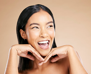 Image showing Face, beauty and excited with a model black woman in studio on a beige background for natural skincare. Facial, luxury and cosmetics with an attractive young female posing to promote a product