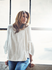 Image showing Woman, thinking and relax against window in her home, calm and content while daydreaming on mockup. Contemplating, girl and confident, beautiful and peaceful female satisfied, thoughtful and relaxed