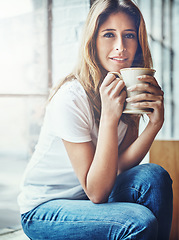 Image showing Coffee, portrait and woman smelling the aroma while relaxing in her home on a weekend morning. Happy, relax and female from Columbia smell the caffeine scent while enjoying a hot drink in her house.