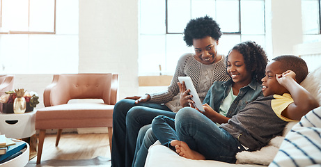 Image showing Family with tablet, streaming and relax at family home together, spending quality time together with technology. Black people, mother and children on sofa with device, internet wifi and social media