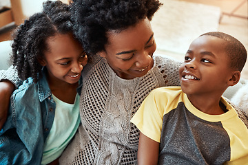 Image showing Love, mother and children embrace sofa for happy family time together to relax in apartment in South Africa. Smile trust and support, black woman and kids sitting on couch with healthy relationship.