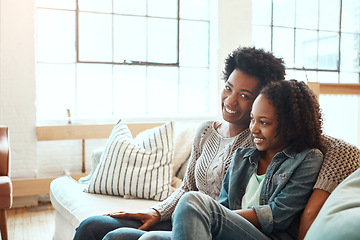 Image showing Love, mother and teen girl on sofa for happy family time together in apartment in South Africa on weekend. Smile trust and support, black woman and teenager sitting on couch with healthy relationship