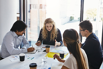 Image showing Business people, meeting and team discussion for strategy, marketing or collaboration at the office. Group of employee workers in business meeting, teamwork or project planning idea at the workplace