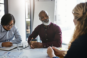 Image showing Business people, black man and staff in meeting, brainstorming and conversation for collaboration, office and project success. Team, male leader and employees talking, share ideas and company target