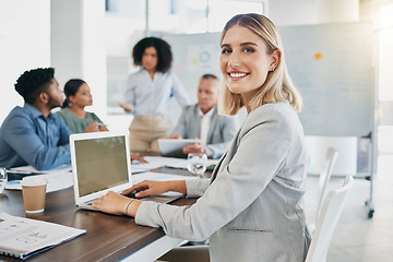 Image showing Laptop, startup meeting and portrait of woman at digital design workshop, diversity in creative project. Strategy, planning and teamwork with face of happy woman in modern office for collaboration.