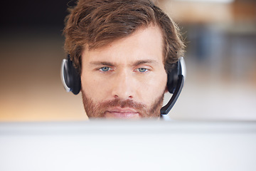 Image showing Inbound marketing, customer service or call center sales consultant listening or helping online clients. Man, contact us or insurance agent networking with target audience for lead generation at desk