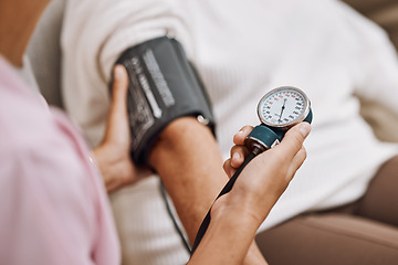 Image showing Blood pressure, hypertension and nurse with patient to check diabetes, healthcare consulting and service in clinic. Closeup hands of woman doctor measure arm pulse, medical test and heart wellness