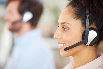 Image showing Call center, consulting and communication with business woman for telemarketing, customer service and contact us. Sales, crm and technical support with black woman in help desk agency for networking