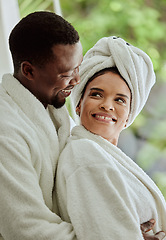 Image showing Spa, love and relax with a black couple in a health center or luxury resort for romance and wellness. Vitality, rest and relaxation with a man and woman at a lodge for a romantic weekend getaway