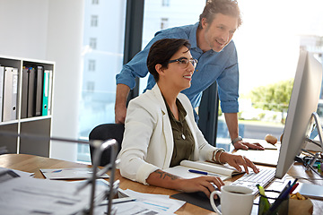 Image showing Corporate, man and woman with computer, talking and online reading for strategy, marketing and modern office. Manager, coworkers or female employee with digital advertising, explain system or process