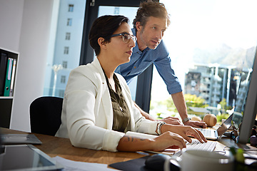 Image showing Website, digital collaboration and business people with web ux data in a office meeting. Work conversation, business team and corporate marketing employee planning a ui strategy with teamwork