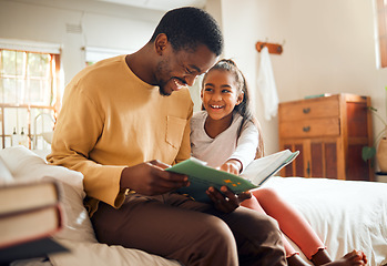 Image showing Black family, father reading to child and bonding love, storytelling and language learning in bedroom. Happy people, dad and girl kid with book for creative knowledge, education and home teaching