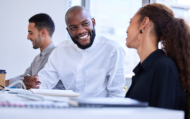 Image showing Planning, collaboration and teamwork of black people with smile in startup meeting, employees discussion and ideas. Happy person, worker or business staff talking, coworking and office brainstorming