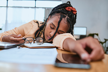 Image showing Black woman, tired and sleeping in home office with a book while studying or working with fatigue. Entrepreneur person tired, burnout and exhausted with remote work and startup business stress