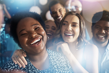 Image showing Happy people, portrait or phone selfie on party dance floor in nightclub event, bokeh disco or global celebration. Smile, bonding or friends on mobile photography pov, social media or profile picture