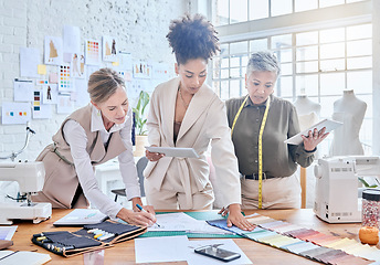 Image showing Planning, fashion and designer with business people in workshop studio for manufacturing, fabric and idea. Tailor, boutique and retail with women and swatch for ecommerce, small business and industry