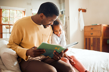 Image showing Storytelling, father reading to child for family love, help and language learning support in bedroom. Happy african people or dad with smart girl for book creativity, education and home teaching