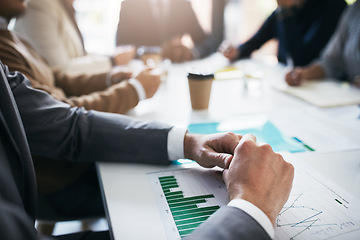 Image showing Meeting, hands and business man with data, chart or infographic of financial investment development. Communication, teamwork collaboration and corporate team discussion over stock market analytics