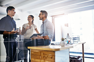 Image showing Office tablet, collaboration communication and business people consulting on stock market crypto investment. Forex account management, finance economy mockup or trader teamwork on bitcoin NFT trading