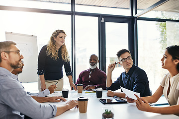 Image showing Business people meeting, communication and speaker presentation, manager speech or leader finance investment proposal. Diversity, teamwork workshop or mentor coaching, teaching or training sales team