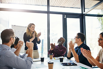 Image showing Business people meeting, celebration applause or speaker presentation, speech or leader investment congratulations. Communication, collaboration workshop or mentor coaching, teaching or training team